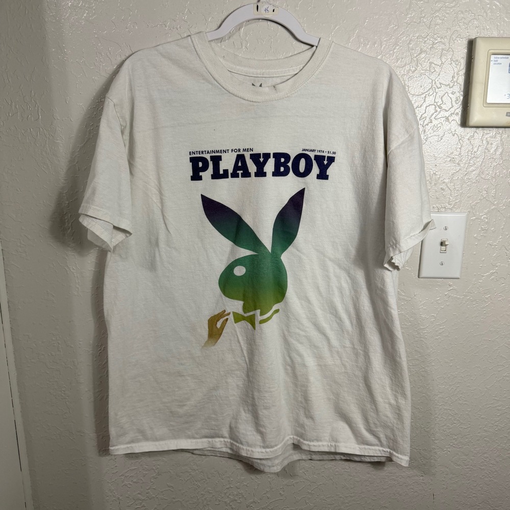 Playboy Mens White Graphic T-Shirt January 1974 Cover Art Rabbit Logo XL